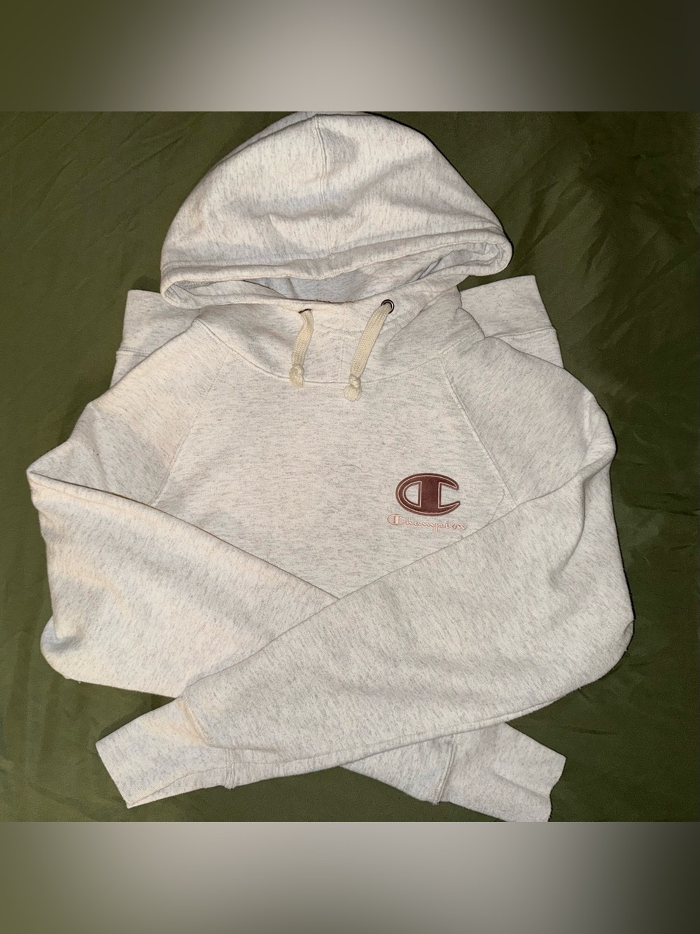 Champion Women's Hoodie in Oatmeal with Pink Logo